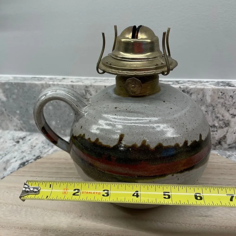 Vintage Studio Art Pottery Brass Oil Lamp Round Base Handle & Wick Artist Signed